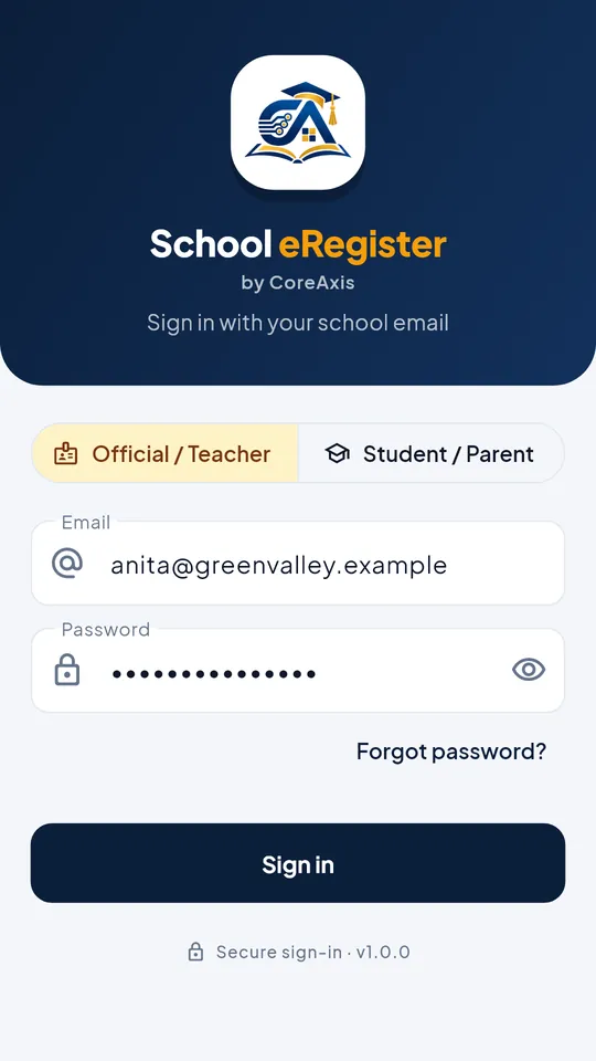 School eRegister screenshot: Sign in