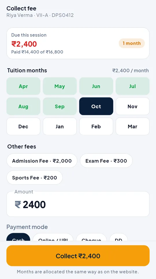 School eRegister screenshot: Collect fees, even offline