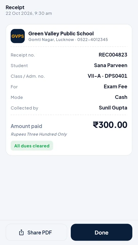 School eRegister screenshot: Instant receipts
