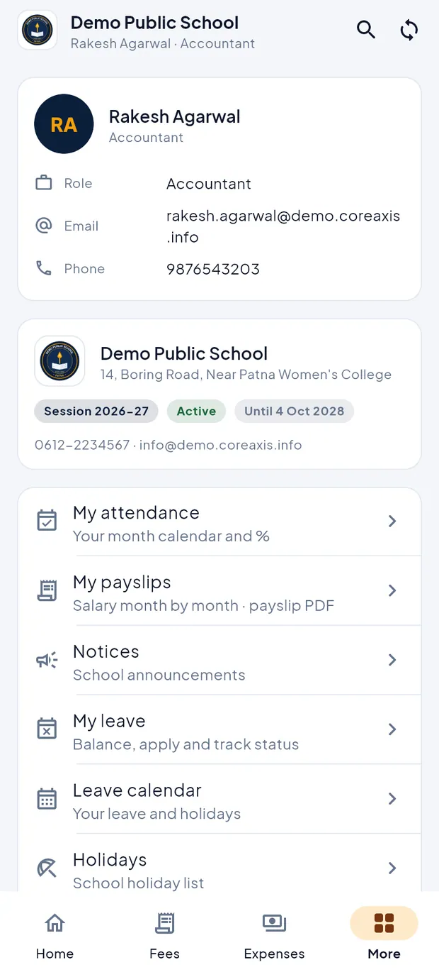 More tab for Rakesh Agarwal, Accountant.