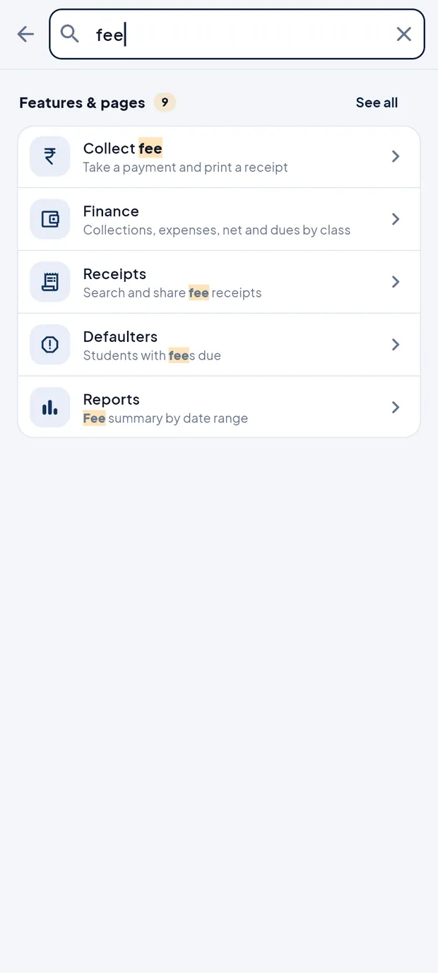 Searching fee finds the money screens.