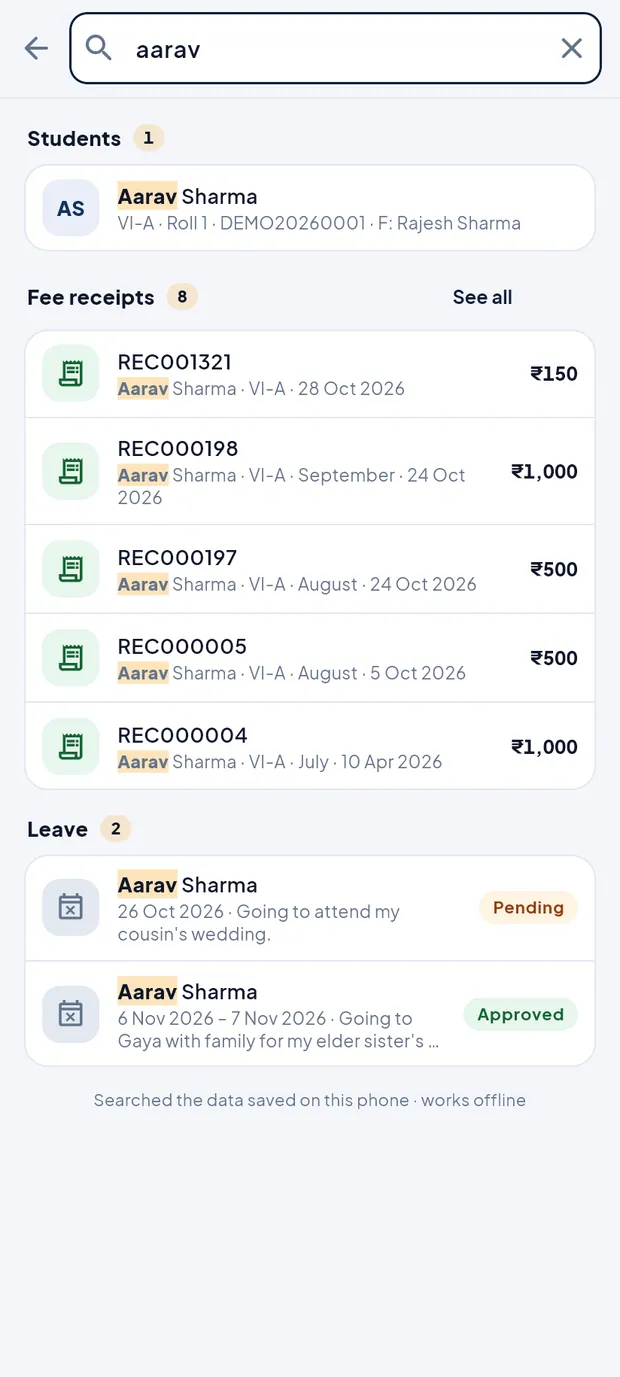 Searching aarav: the student, 8 fee receipts and 2 leave records.