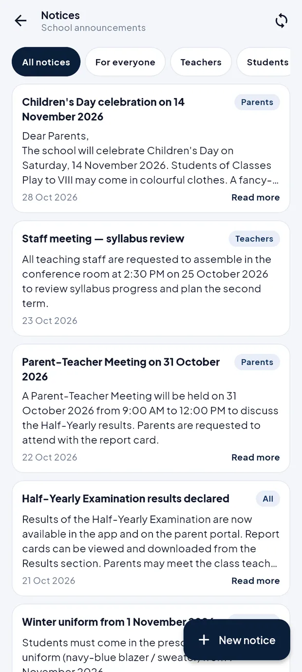 Notices with audience tags and Read more.