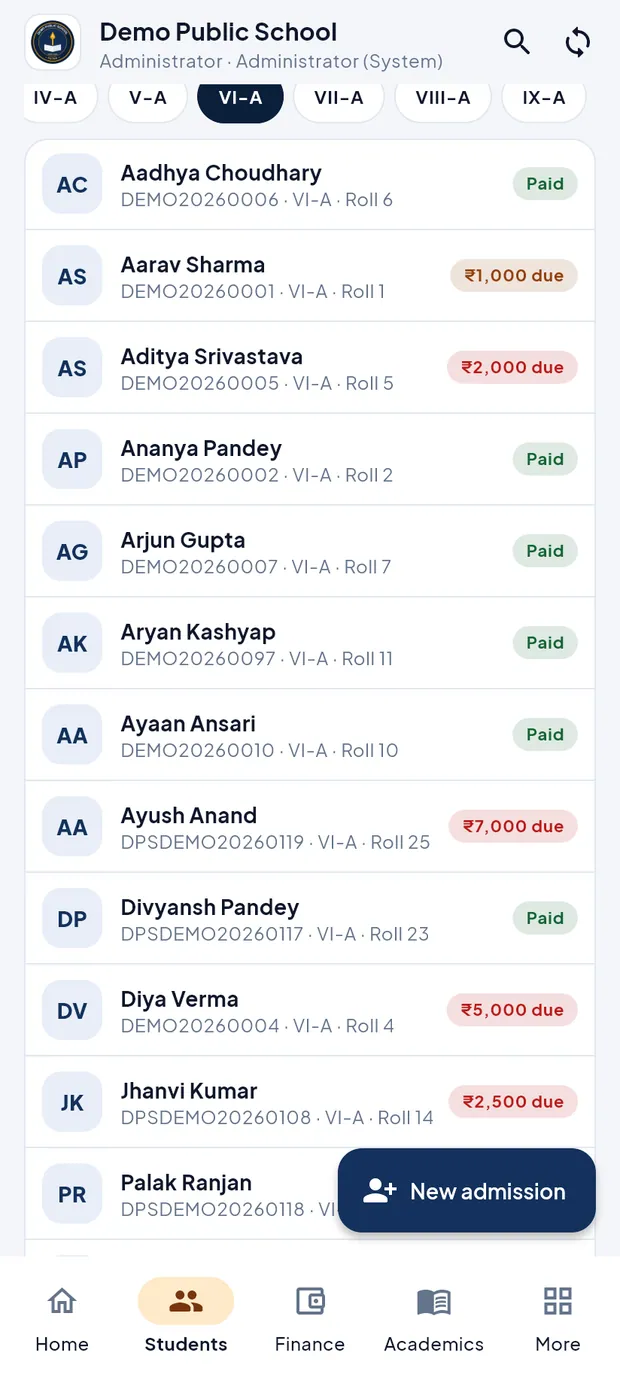 Class VI-A with Paid and due tags.