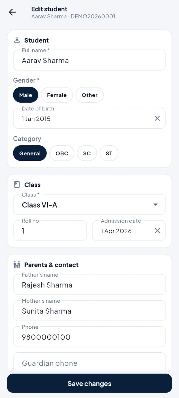 Edit student: Student, Class and Parents & contact sections.