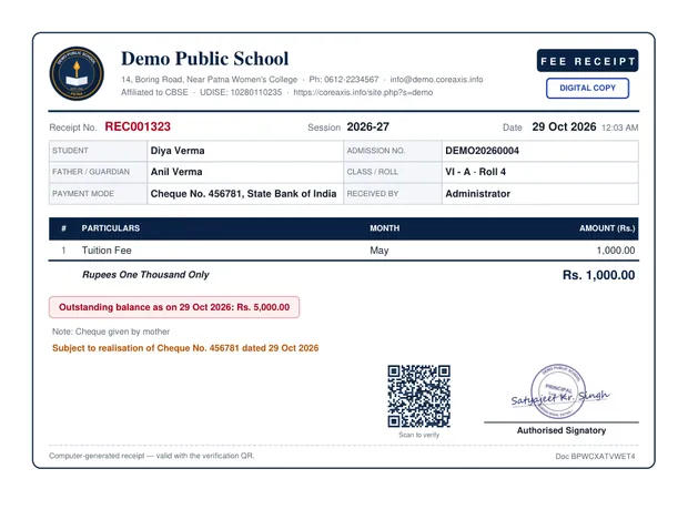 The receipt PDF of a cheque not yet cleared.