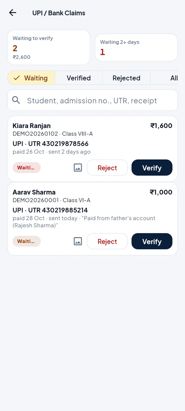 UPI / Bank Claims — Demo Public School