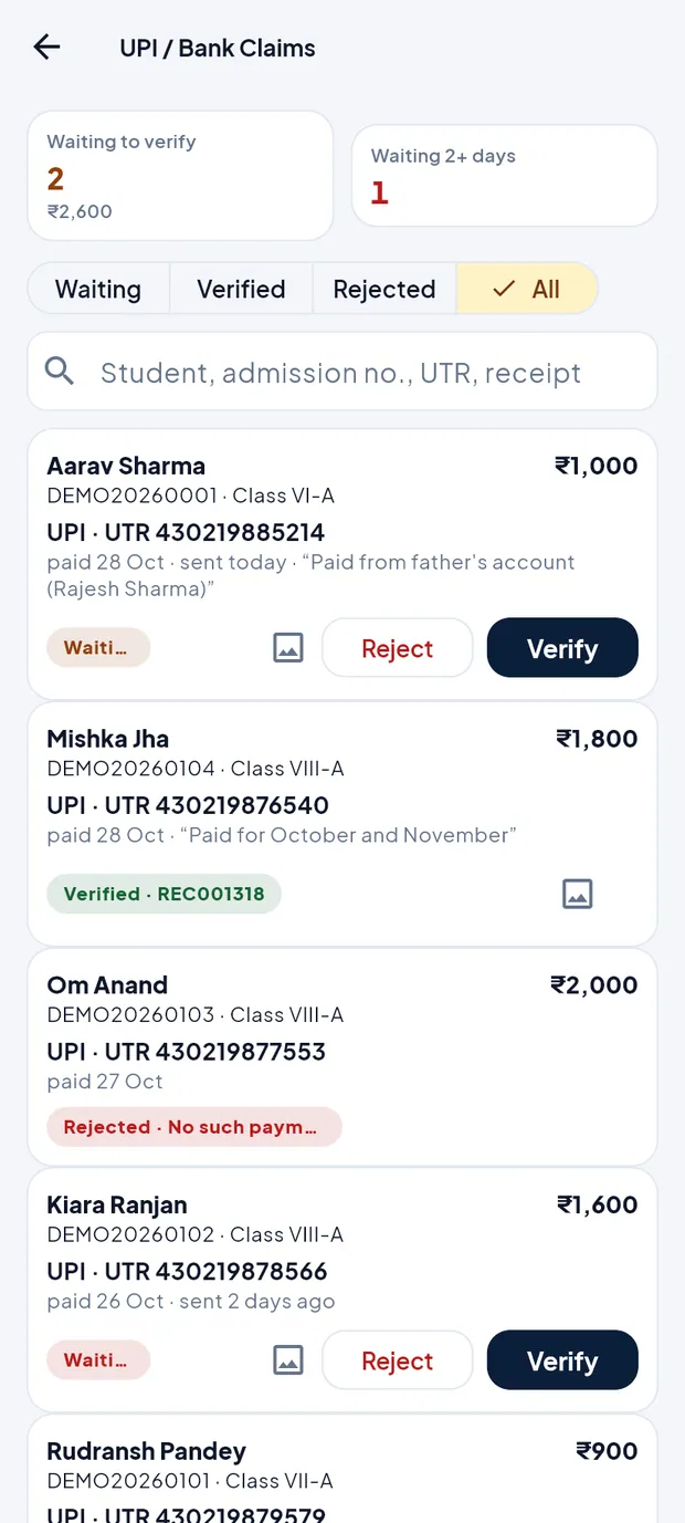 All tab: Mishka Jha verified (REC001318), Om Anand rejected (No such payment).