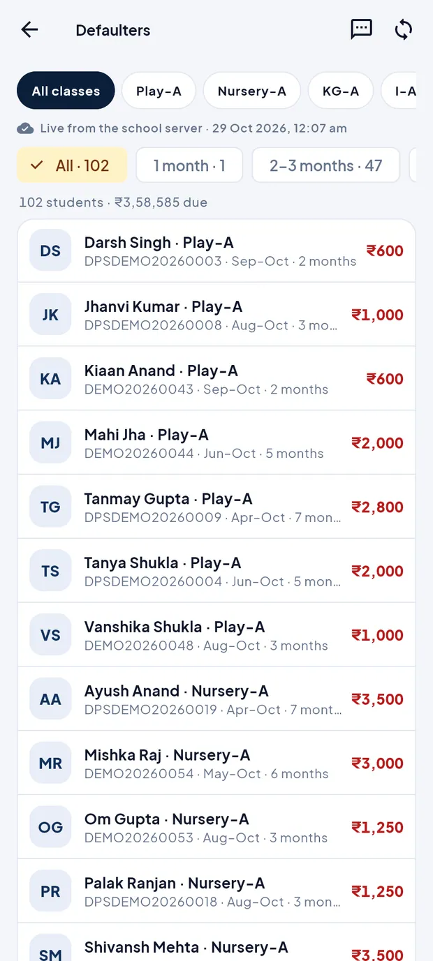 102 students · ₹3,58,585 due.