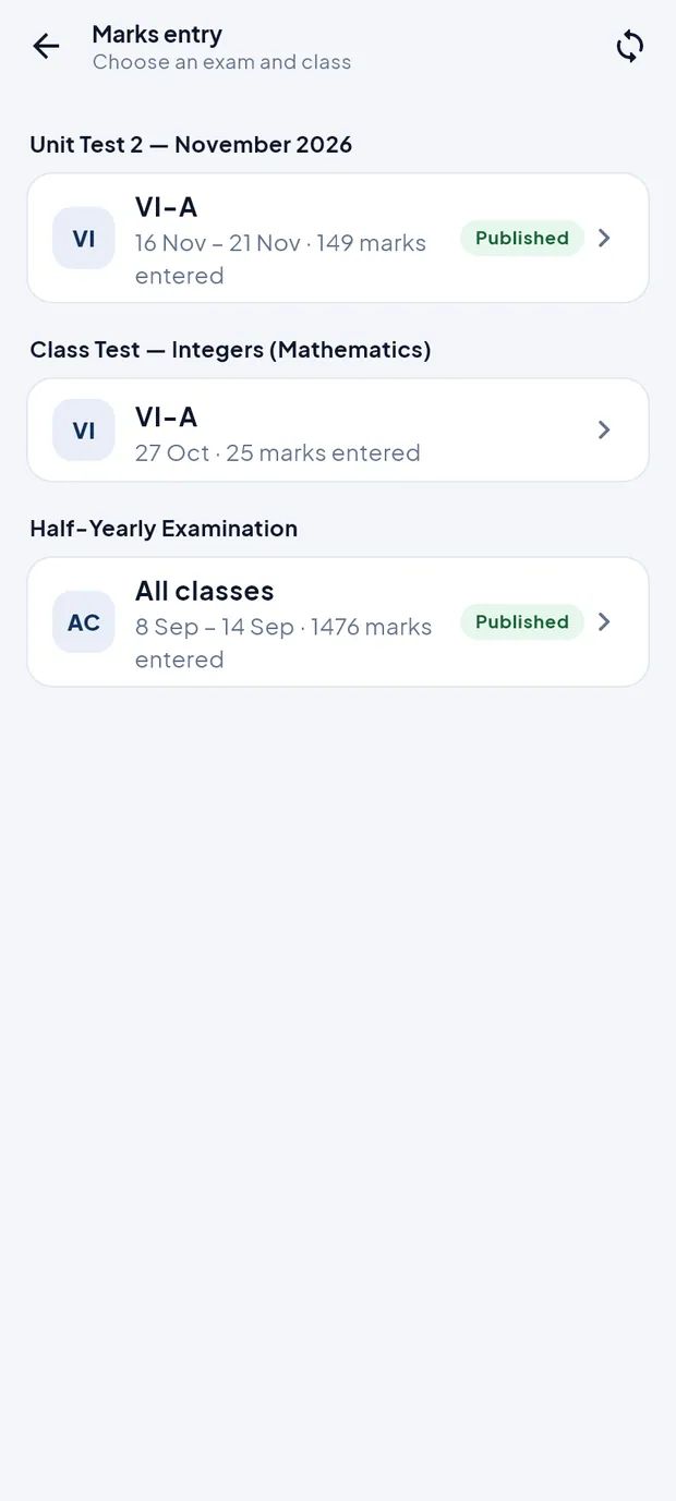 Exams with class tiles and Published tags.