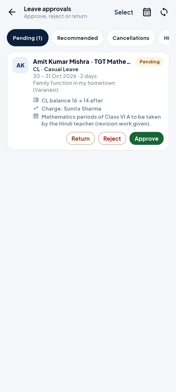 One pending application with Return, Reject and Approve.