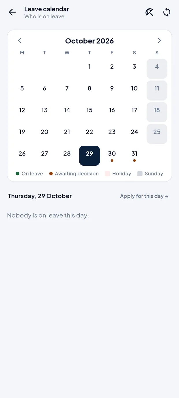 October 2026 with leave and awaiting-decision dots.
