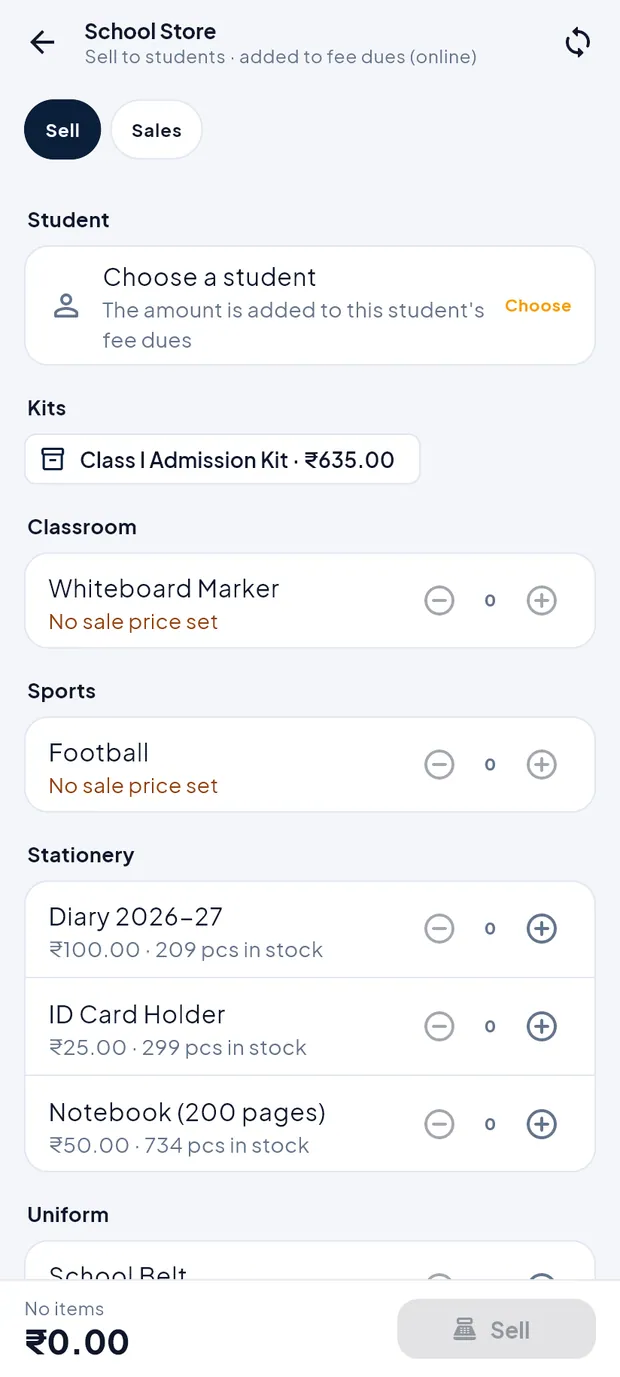 School Store, Sell tab, before choosing a student.