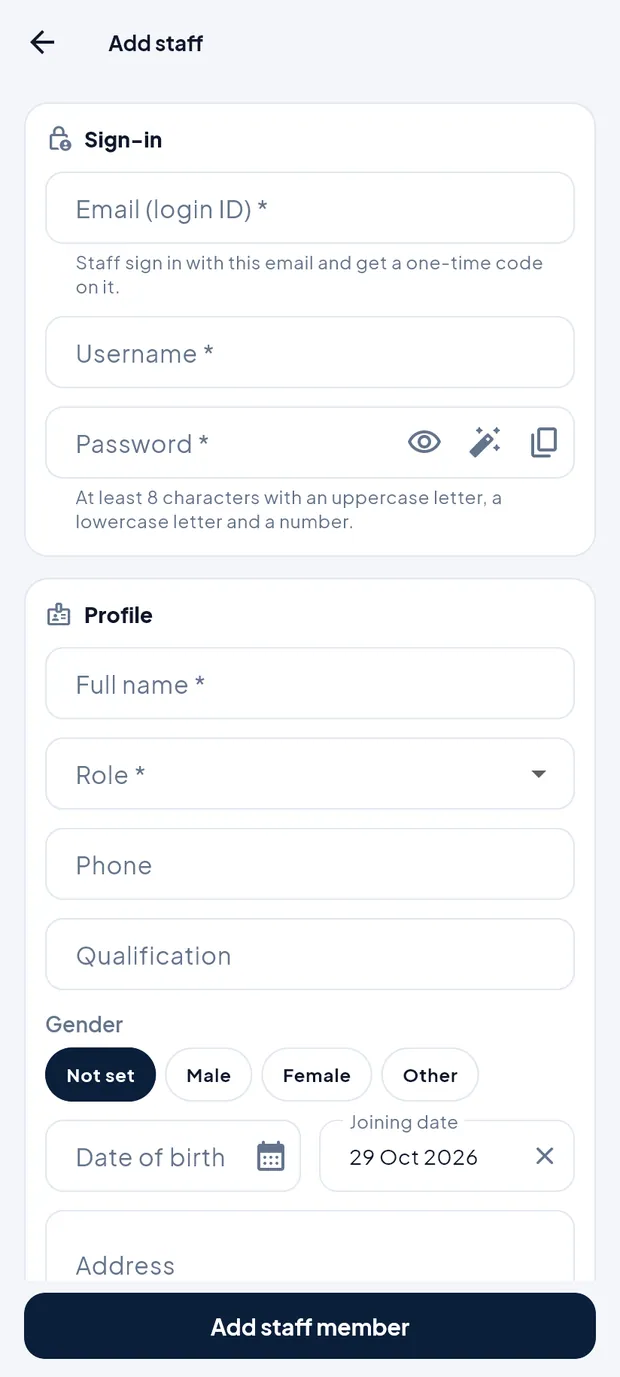 Add staff: Sign-in and Profile sections.