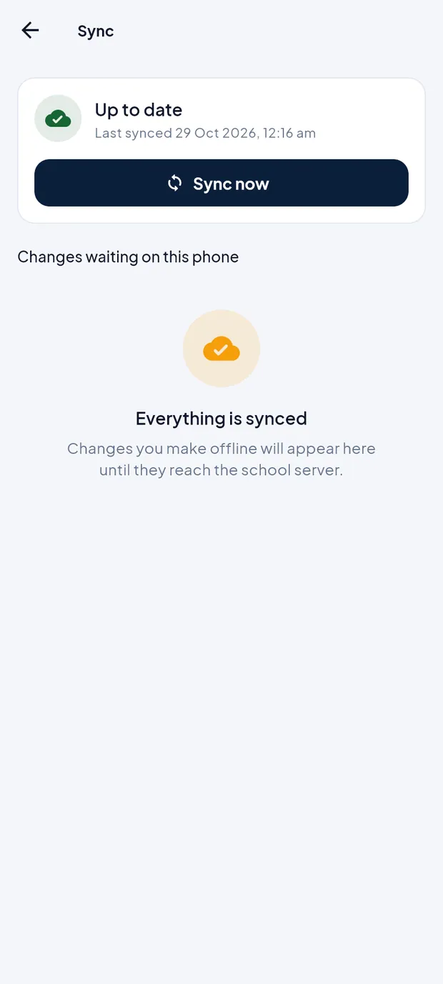 The Sync screen: last sync time, Sync now and the changes waiting on this phone.