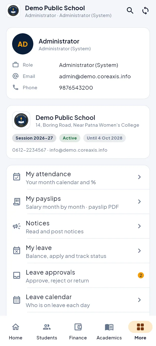 More: profile, school card with Session 2026-27, Active, Until 4 Oct 2028.