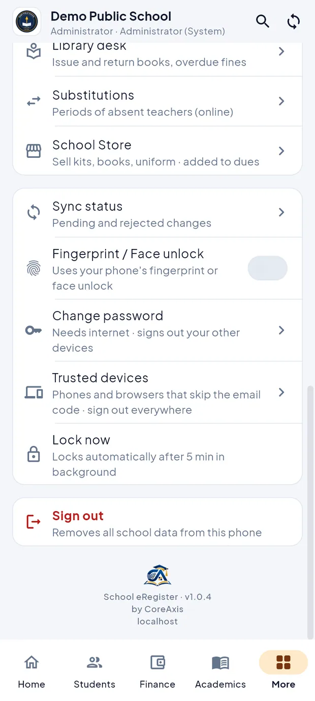 The settings at the end of the More tab: Sync status, Fingerprint / Face unlock, Change password, Trusted devices, Lock now and Sign out.