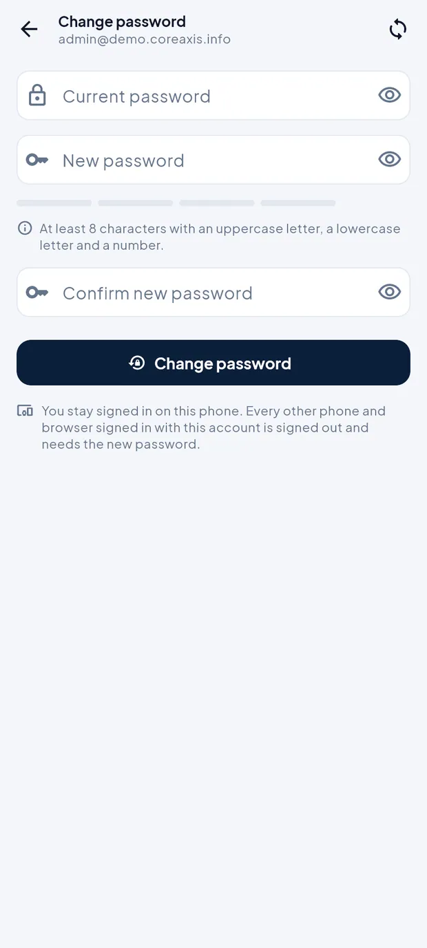 Change password with the strength bar and rules.