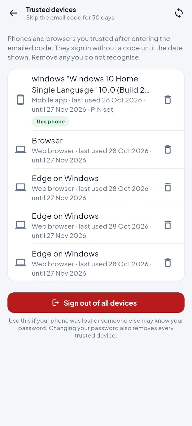 Trusted devices with This phone and Sign out of all devices.