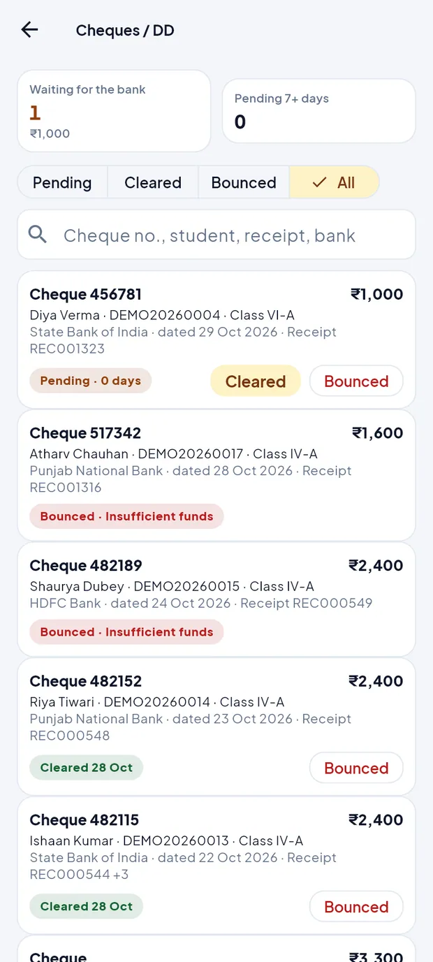 Cheques / DD — Demo Public School