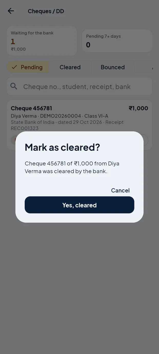 Mark as cleared? — tap Yes, cleared.