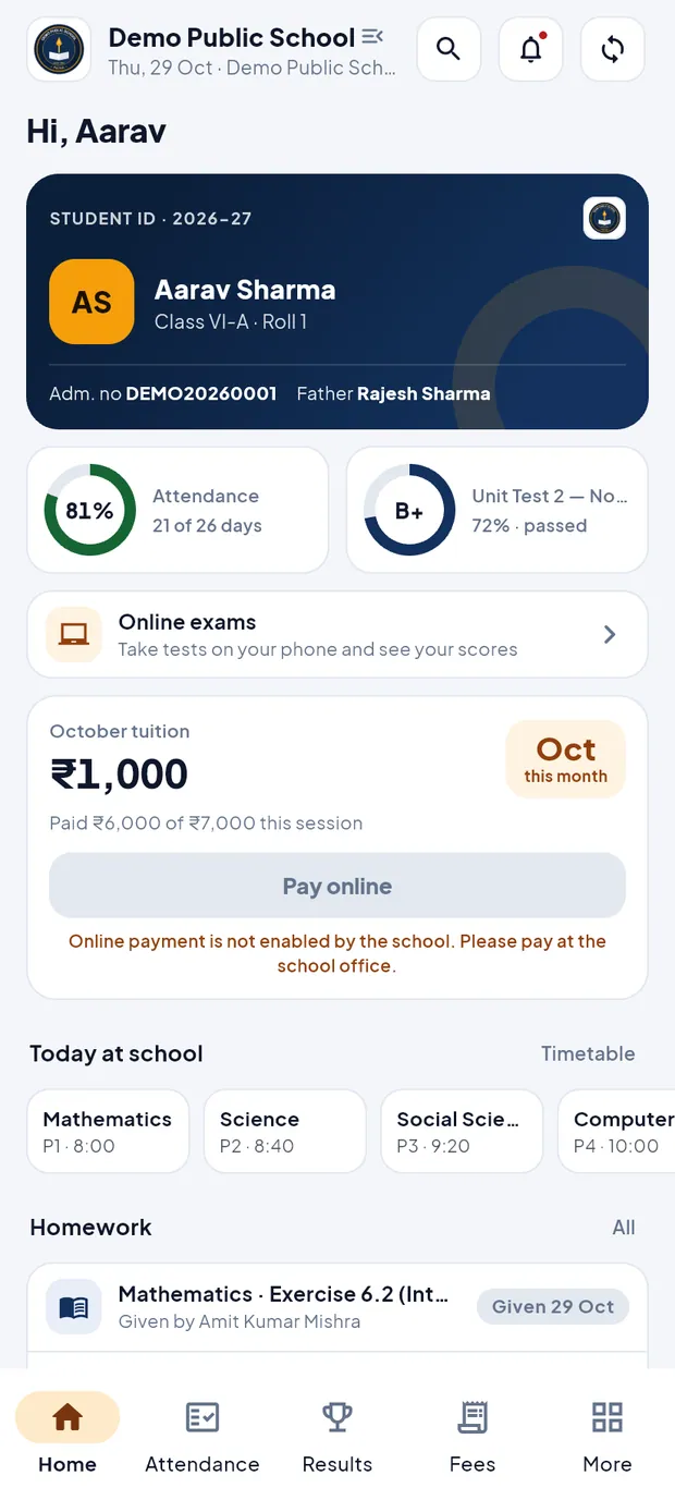 Parent Home for Aarav Sharma, VI-A.