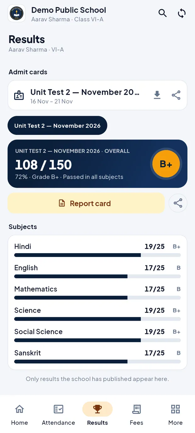 Attendance, results, online exams, homework and timetable — Demo Public School