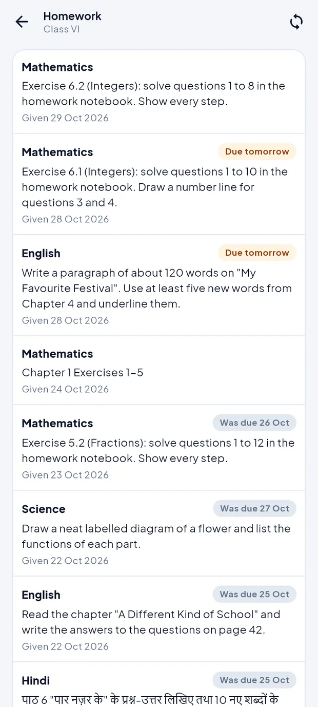Homework for Class VI, newest first, with due chips.