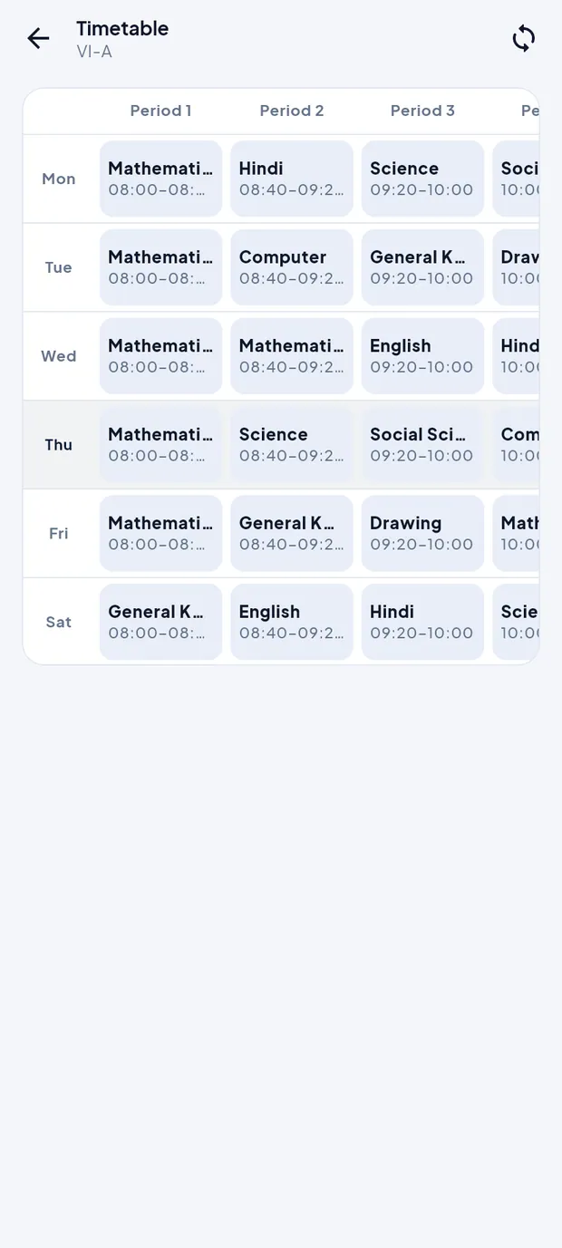 Timetable VI-A: days down the side, periods across the top.