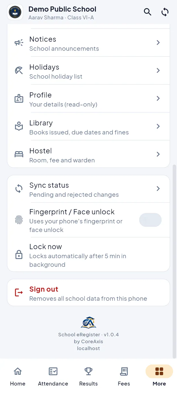 Library, Hostel, Sync status, Fingerprint / Face unlock, Lock now and Sign out.