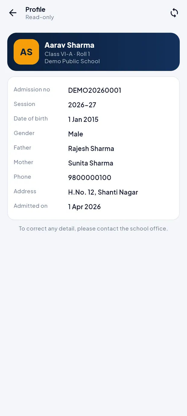 Profile (Read-only): admission no, session, gender, parents, phone, address and admission date.