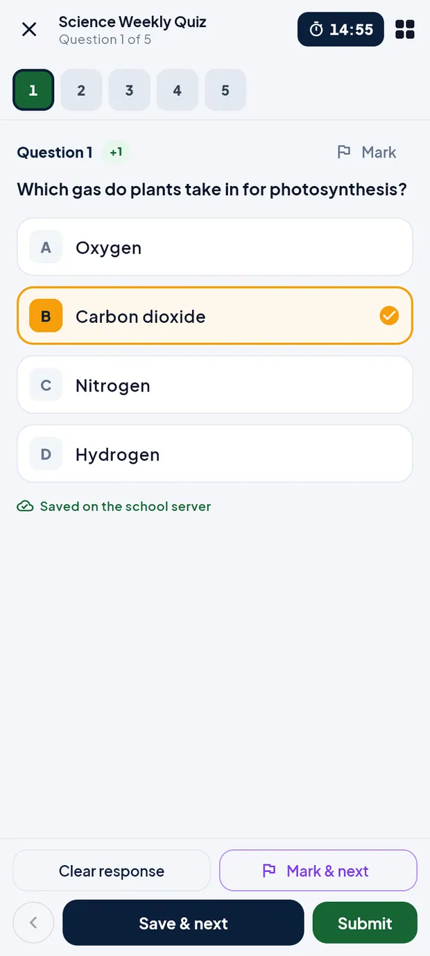 Option B selected and saved; timer at the top right.