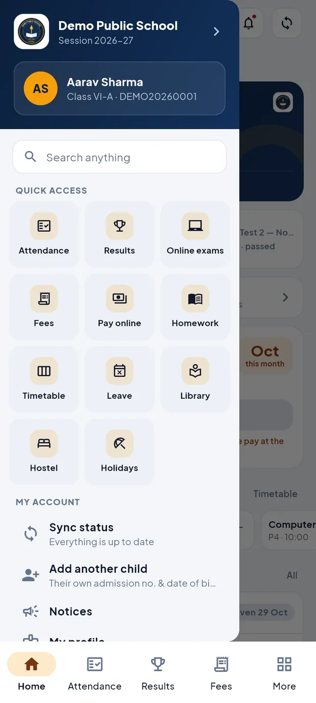 Side menu with the child card at the top.