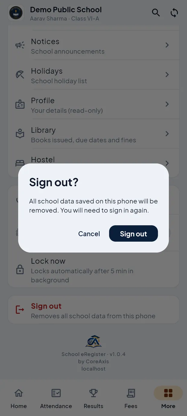 Sign out? All school data saved on this phone will be removed.