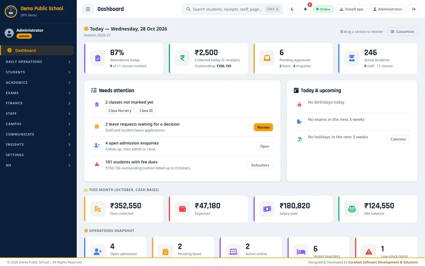 The Admin dashboard of the Demo Public School on a normal school day.