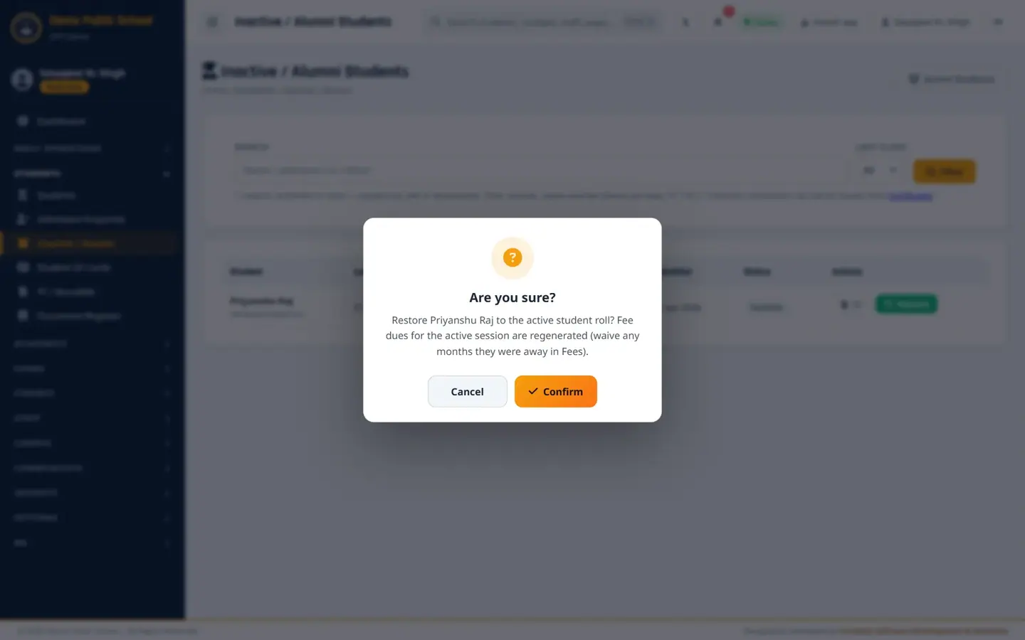 Restore asks for confirmation.