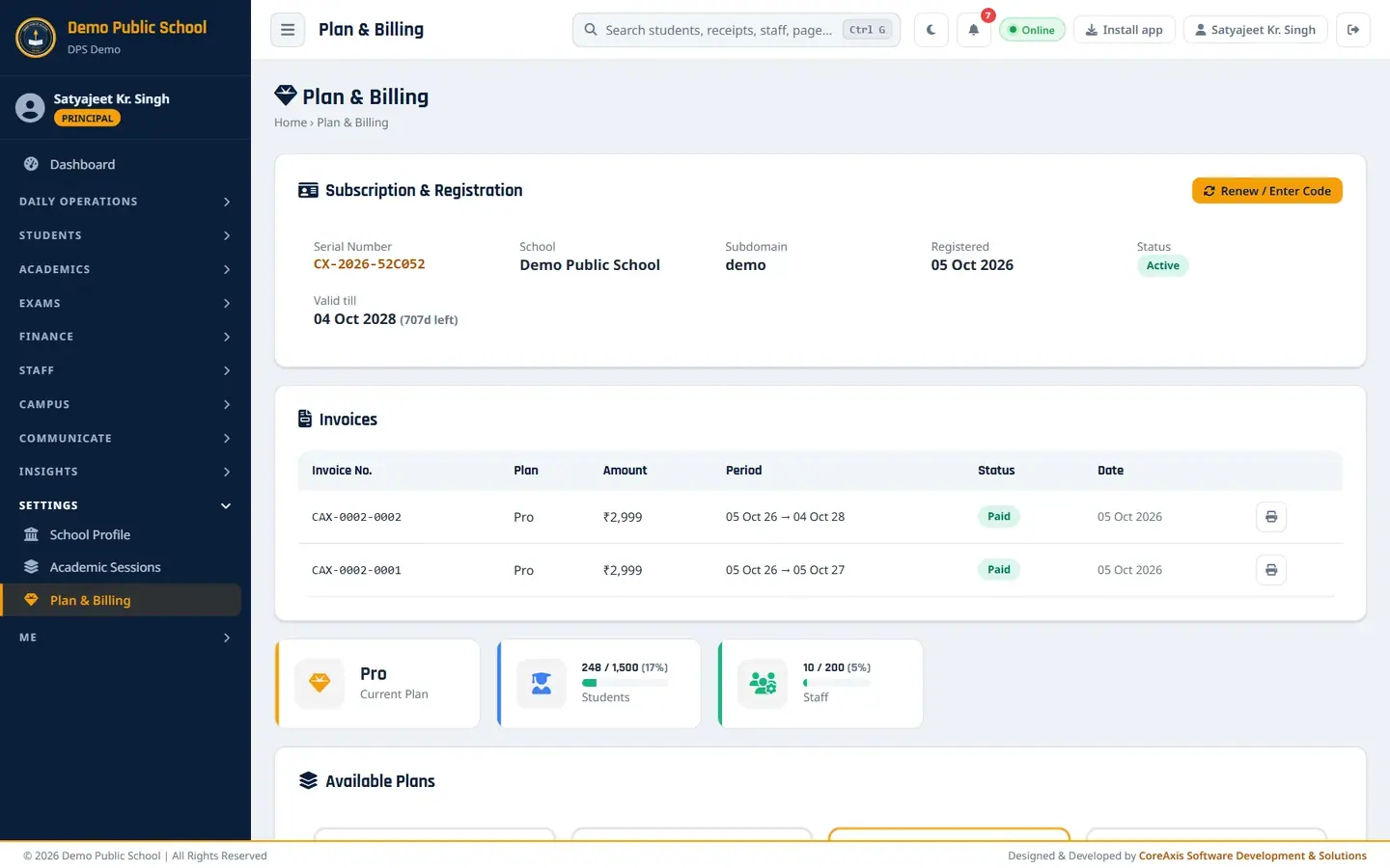 Plan & Billing — Demo Public School