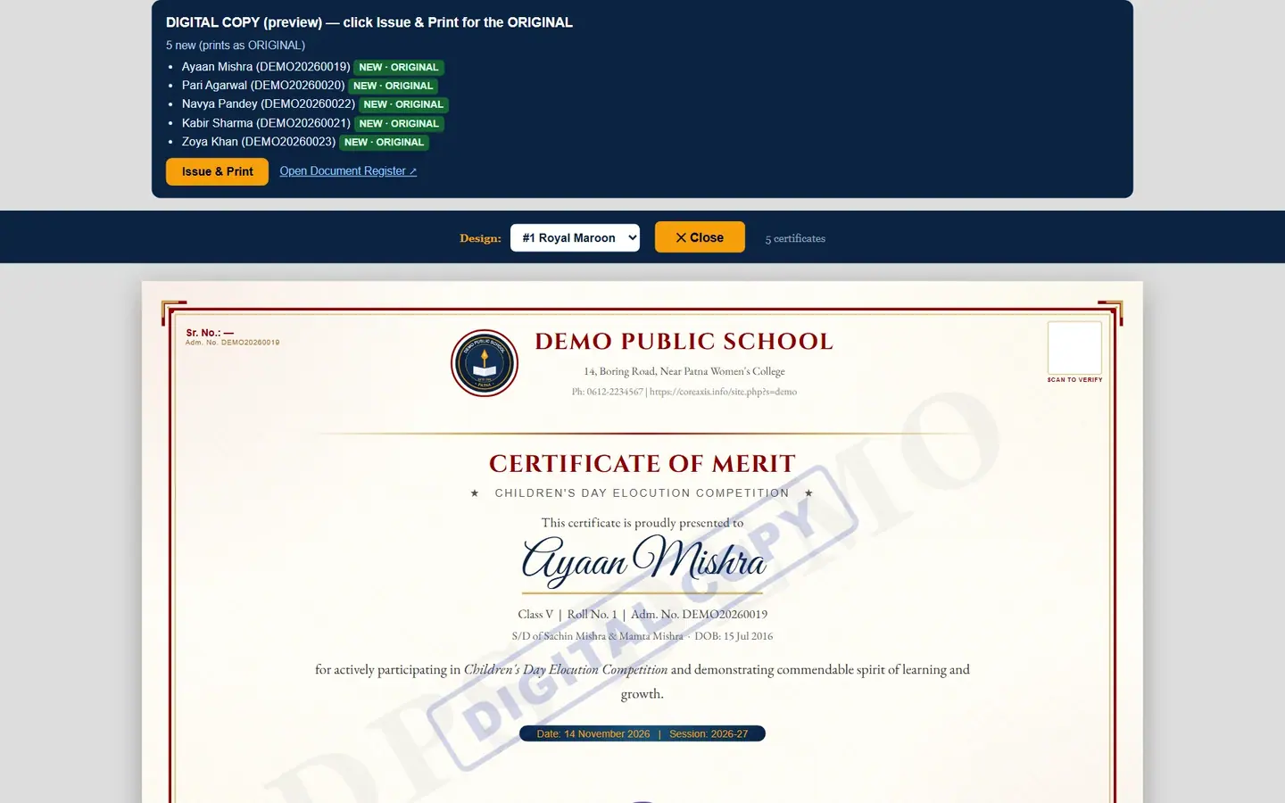 A4 landscape certificate, DIGITAL COPY preview.