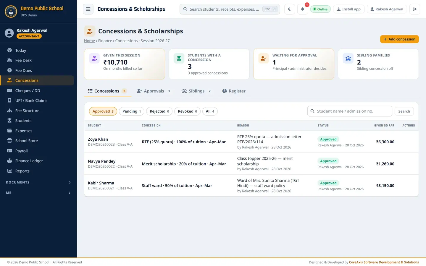 Concessions page as seen by the accountant.