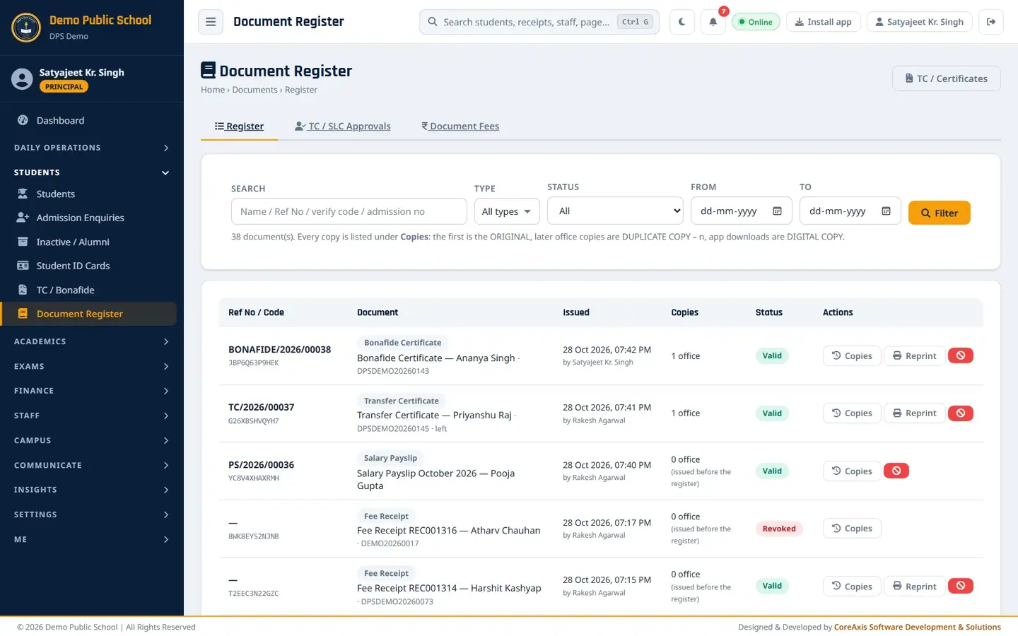 Document Register — Demo Public School