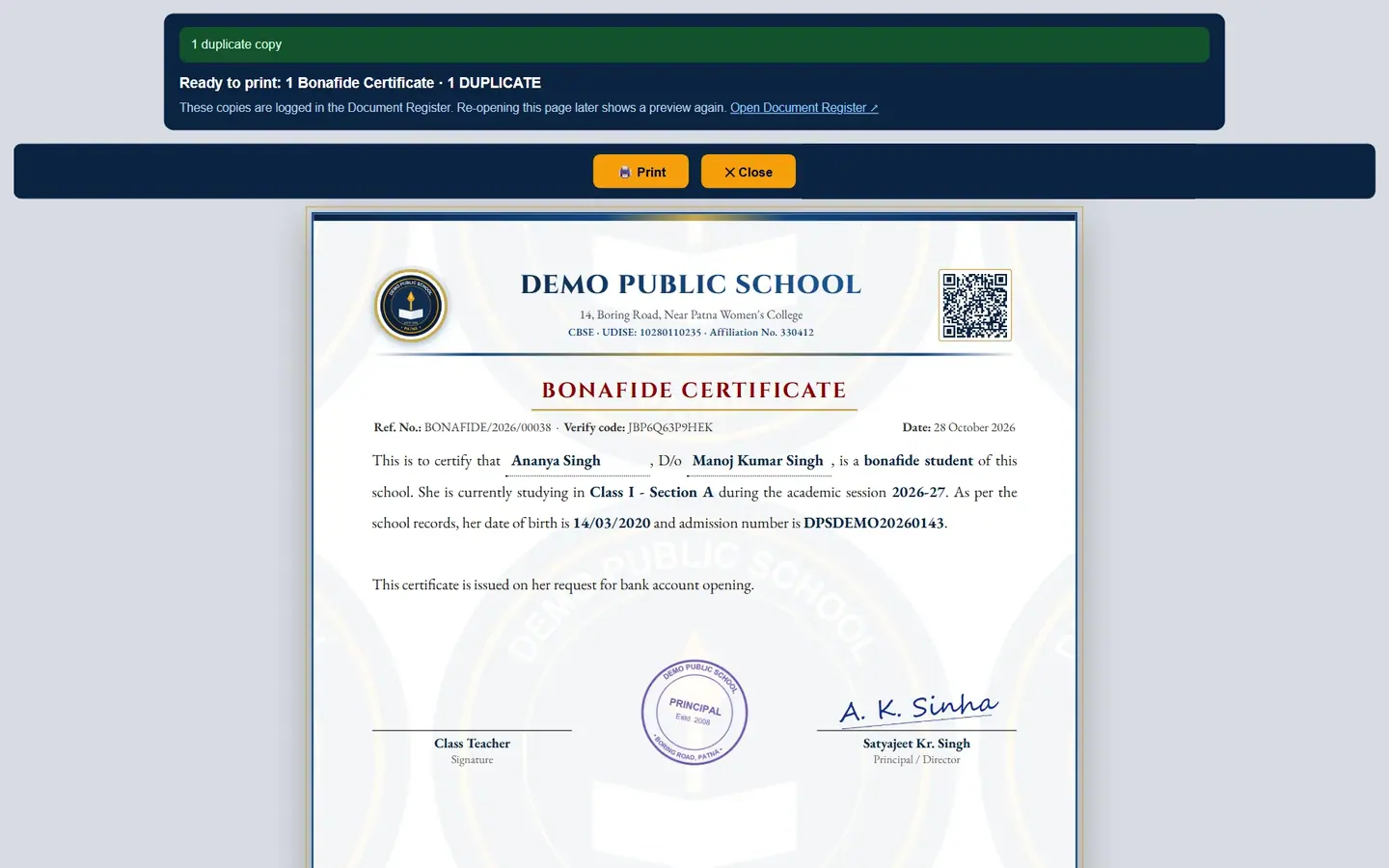 Same reference number and verify code as the original.