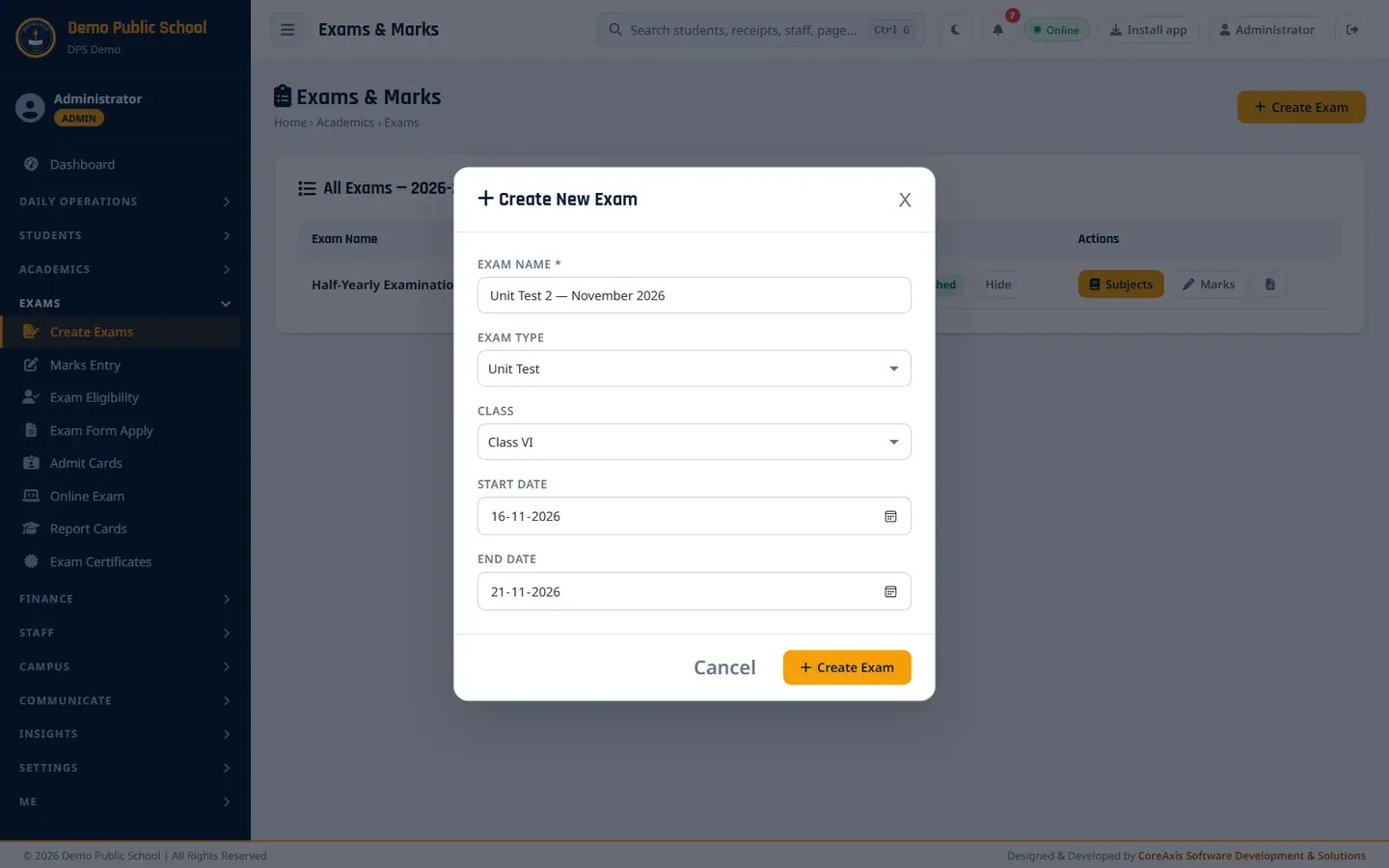 The Create New Exam form.