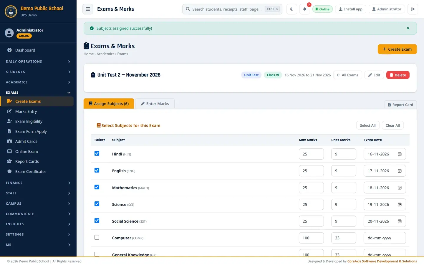 Create Exams — Demo Public School