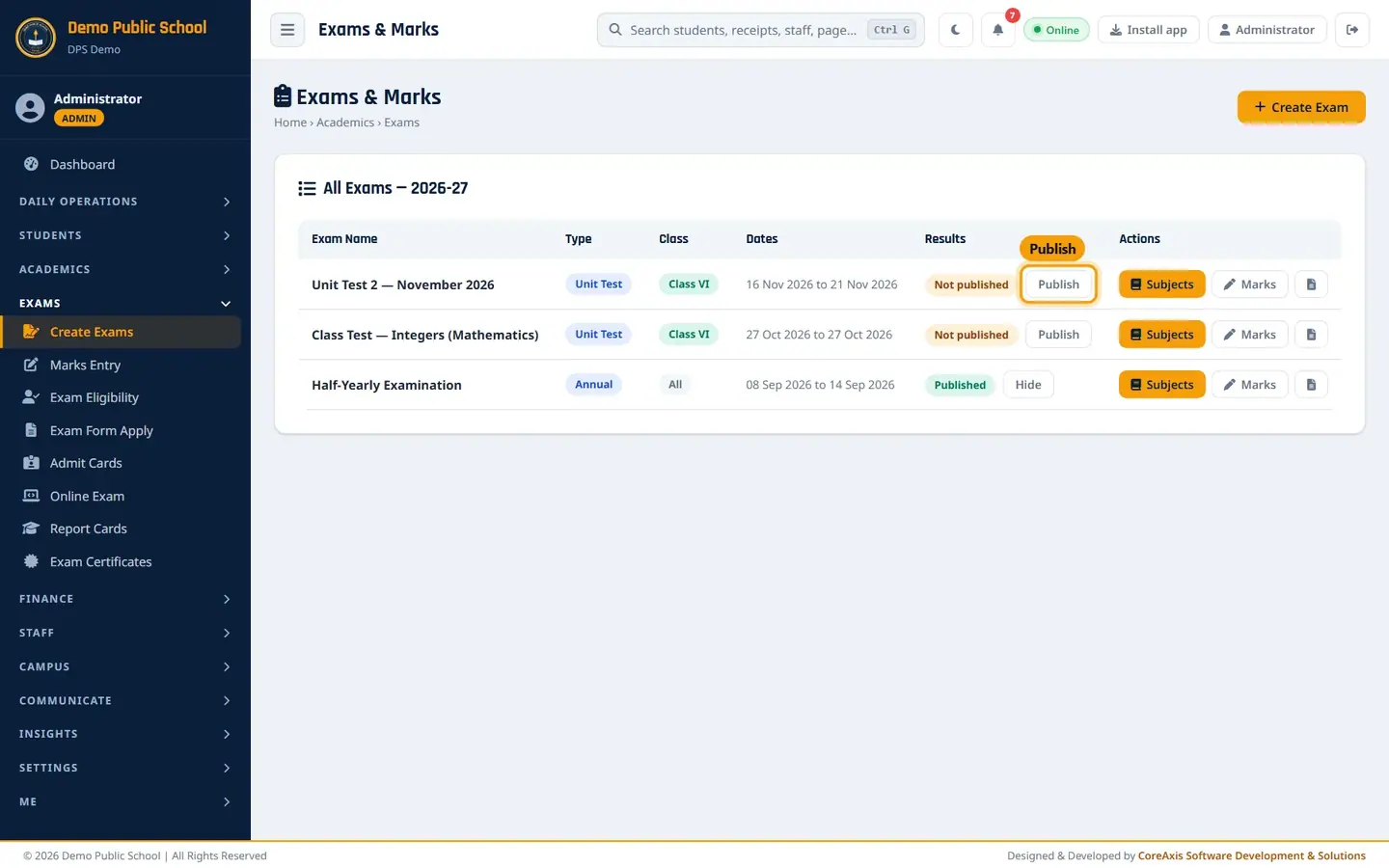 The Publish button in the Results column.