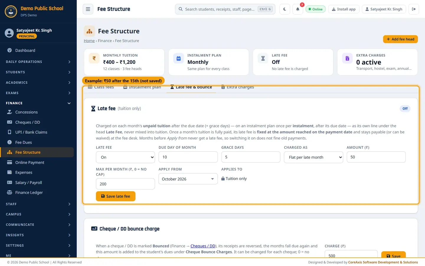 Example late-fee rule (not saved in the demo school).