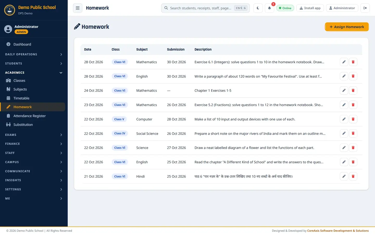The homework list with the Assign Homework button.