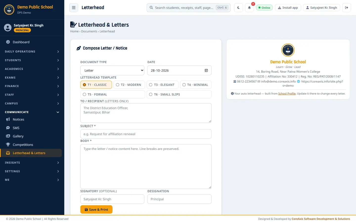 Compose Letter / Notice with the letterhead preview.