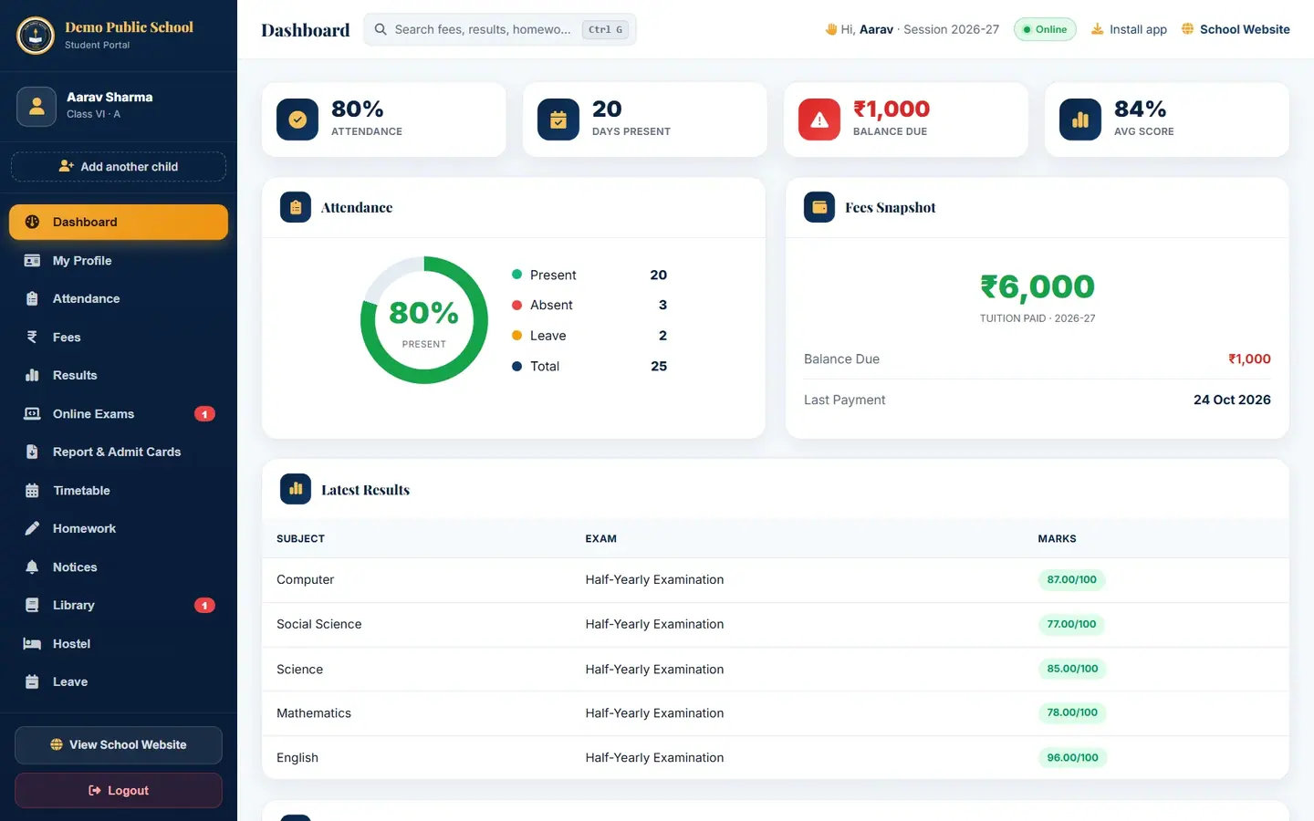 Aarav Sharma's portal dashboard.