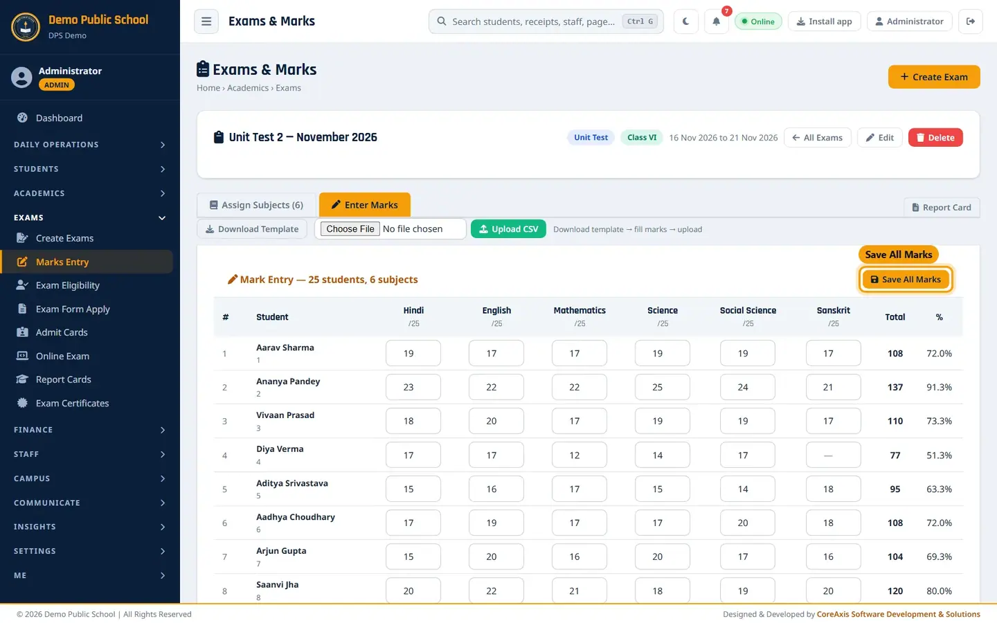Marks typed in; totals and percentages update as you type.