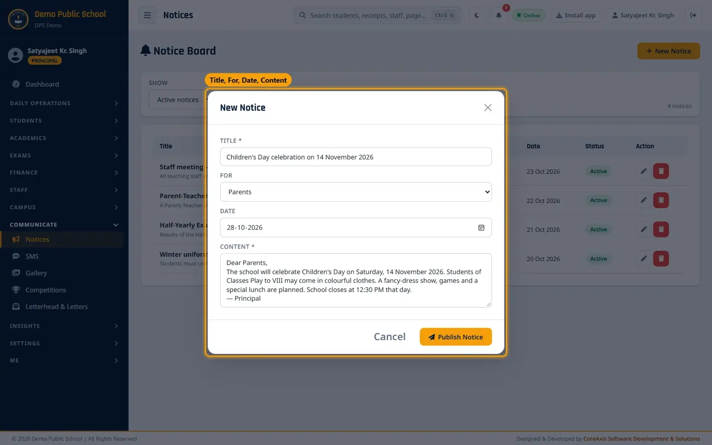 New Notice form.